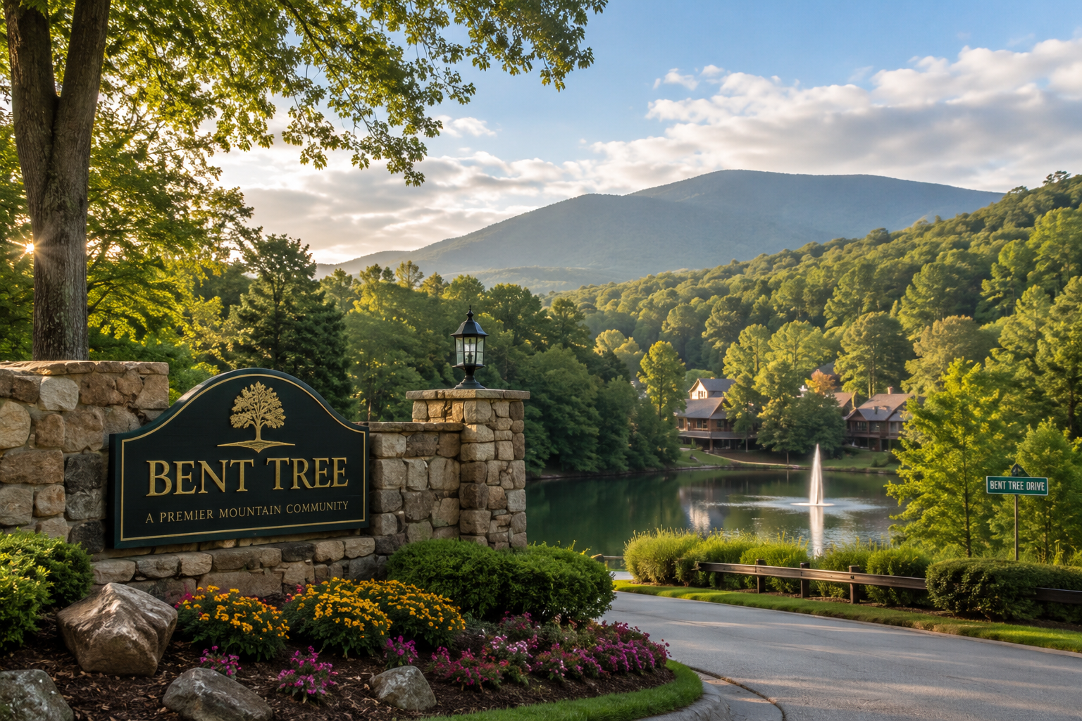 Bent Tree, Georgia mountain community with custom homes, forested hills, and lake where Mountain Town Roofing provides expert roof repair and roof replacement services.