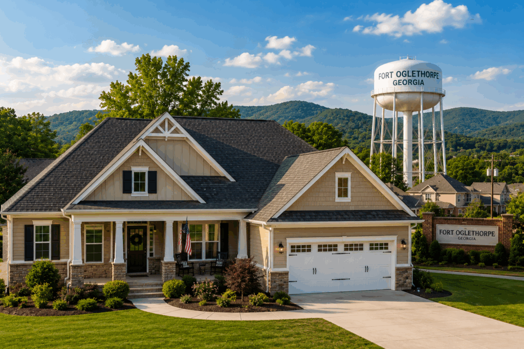 Beautiful home in Fort Oglethorpe, Georgia with a durable residential roof and the Fort Oglethorpe water tower in the background, representing Mountain Town Roofing's professional roofing services.