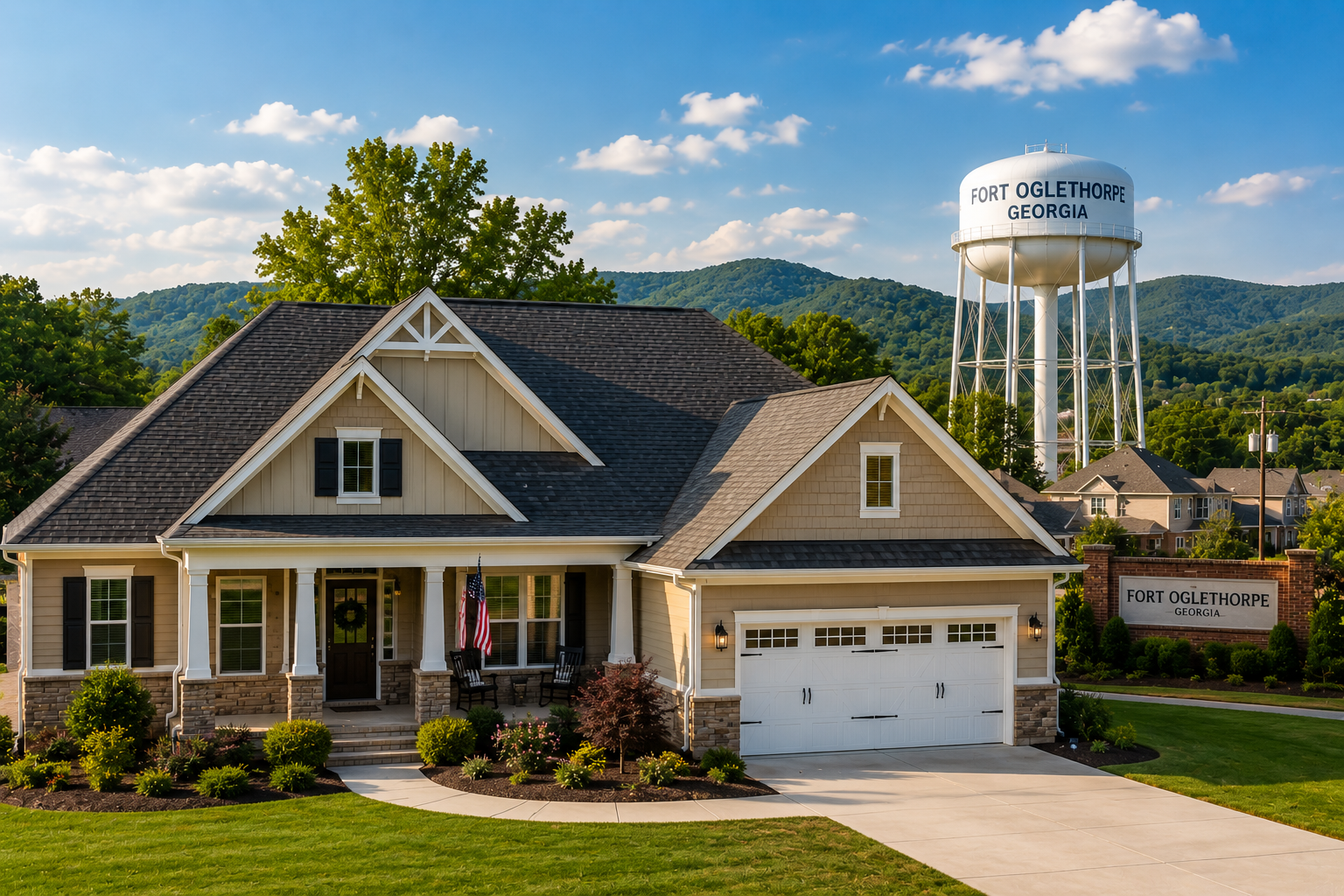 Beautiful home in Fort Oglethorpe, Georgia with a durable residential roof and the Fort Oglethorpe water tower in the background, representing Mountain Town Roofing's professional roofing services.