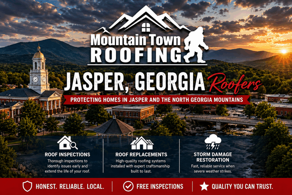 Mountain Town Roofing serving Jasper, Georgia with professional roof inspections, roof replacements, and storm damage restoration against the backdrop of the North Georgia mountains.