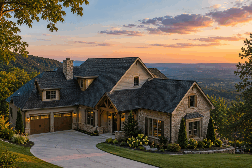 Luxury mountain home overlooking Lookout Mountain, Georgia with a professionally installed roof, representing Mountain Town Roofing's expert roof inspections, roof replacements, and storm damage restoration services.