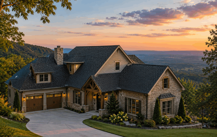 Luxury mountain home overlooking Lookout Mountain, Georgia with a professionally installed roof, representing Mountain Town Roofing's expert roof inspections, roof replacements, and storm damage restoration services.
