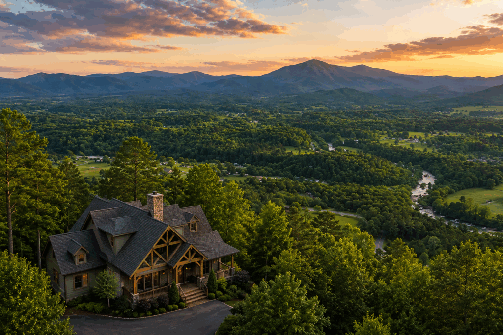 Luxury mountain home overlooking the North Georgia mountains in Pickens County where Mountain Town Roofing provides expert roof inspections, roof replacements, and storm damage restoration.
