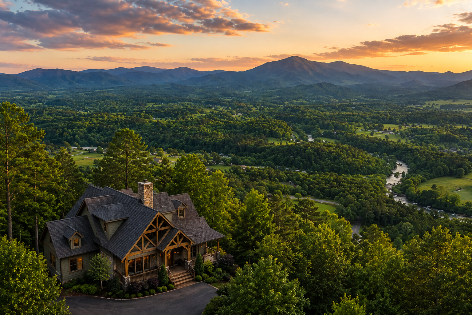 Luxury mountain home overlooking the North Georgia mountains in Pickens County where Mountain Town Roofing provides expert roof inspections, roof replacements, and storm damage restoration.