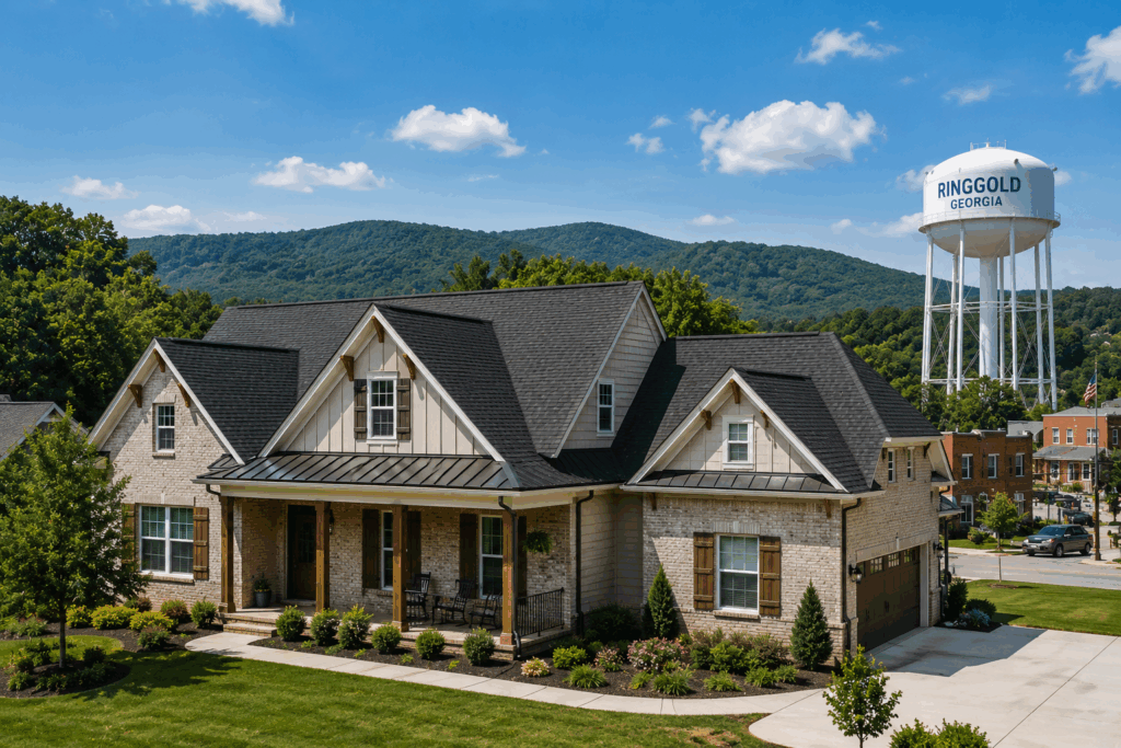 Beautiful home in Ringgold, Georgia with a durable new roof and the Ringgold water tower in the background, representing Mountain Town Roofing's expert roofing services.