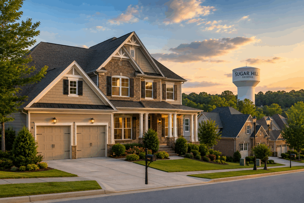 Beautiful home in Sugar Hill, Georgia with a newly installed roof, representing Mountain Town Roofing's roof inspections, roof replacements, and storm damage restoration services.