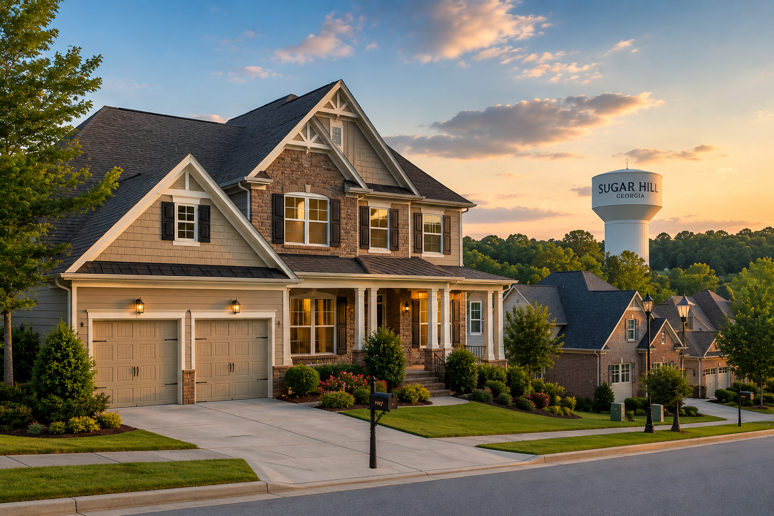 Beautiful home in Sugar Hill, Georgia with a newly installed roof, representing Mountain Town Roofing's roof inspections, roof replacements, and storm damage restoration services.
